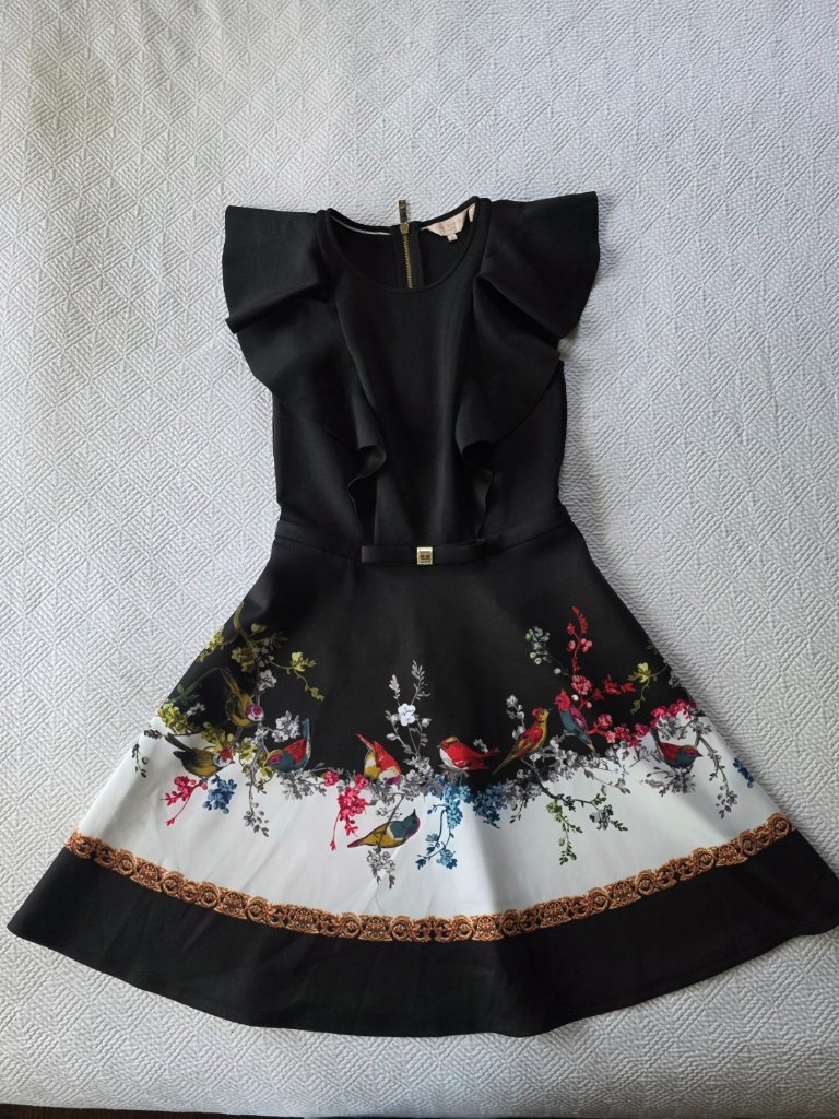Ted Baker Black Bird Print Fit & Flare Dress W/Pockets Size 2 (Us 6)